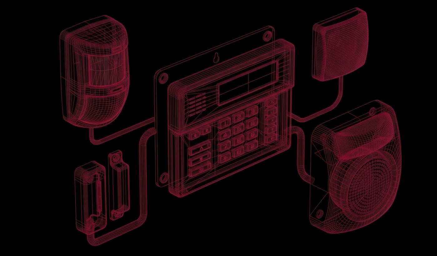 Composants d'un système d'alarme électronique en rendu filaire